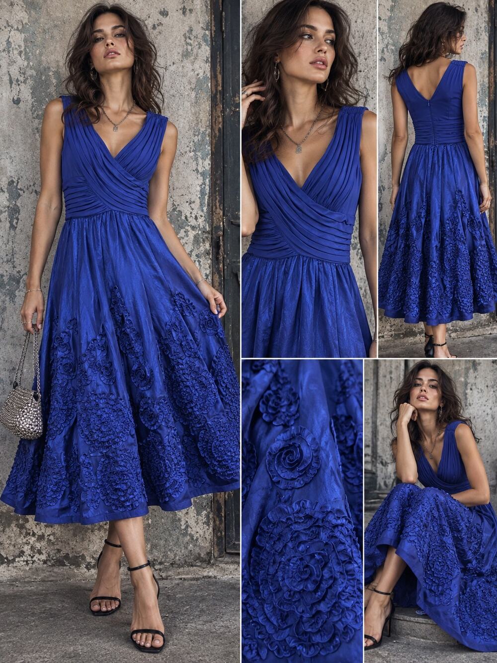 Adrianna Papell Dress Size 6 Royal Blue Rosette Fit Flare Cocktail Party